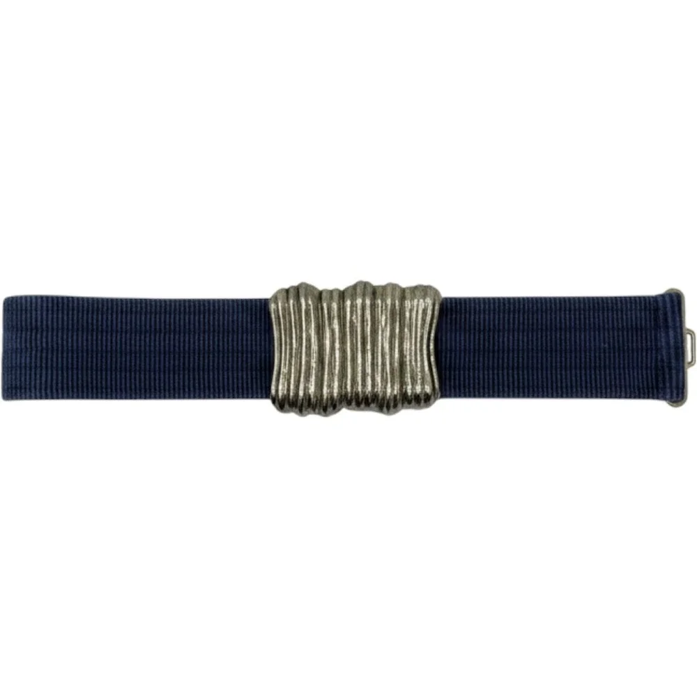 Vintage Navy Blue Elastic‎ Cinch Belt Gold Tone Textured Sculptural Buckle Retro